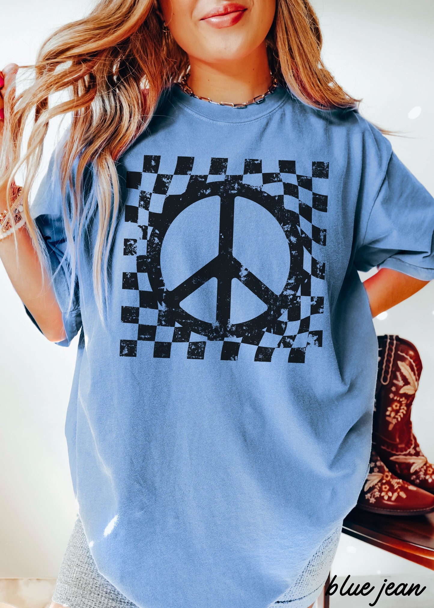 Checkered Peace Sign Tee - Blue Jean - shirt