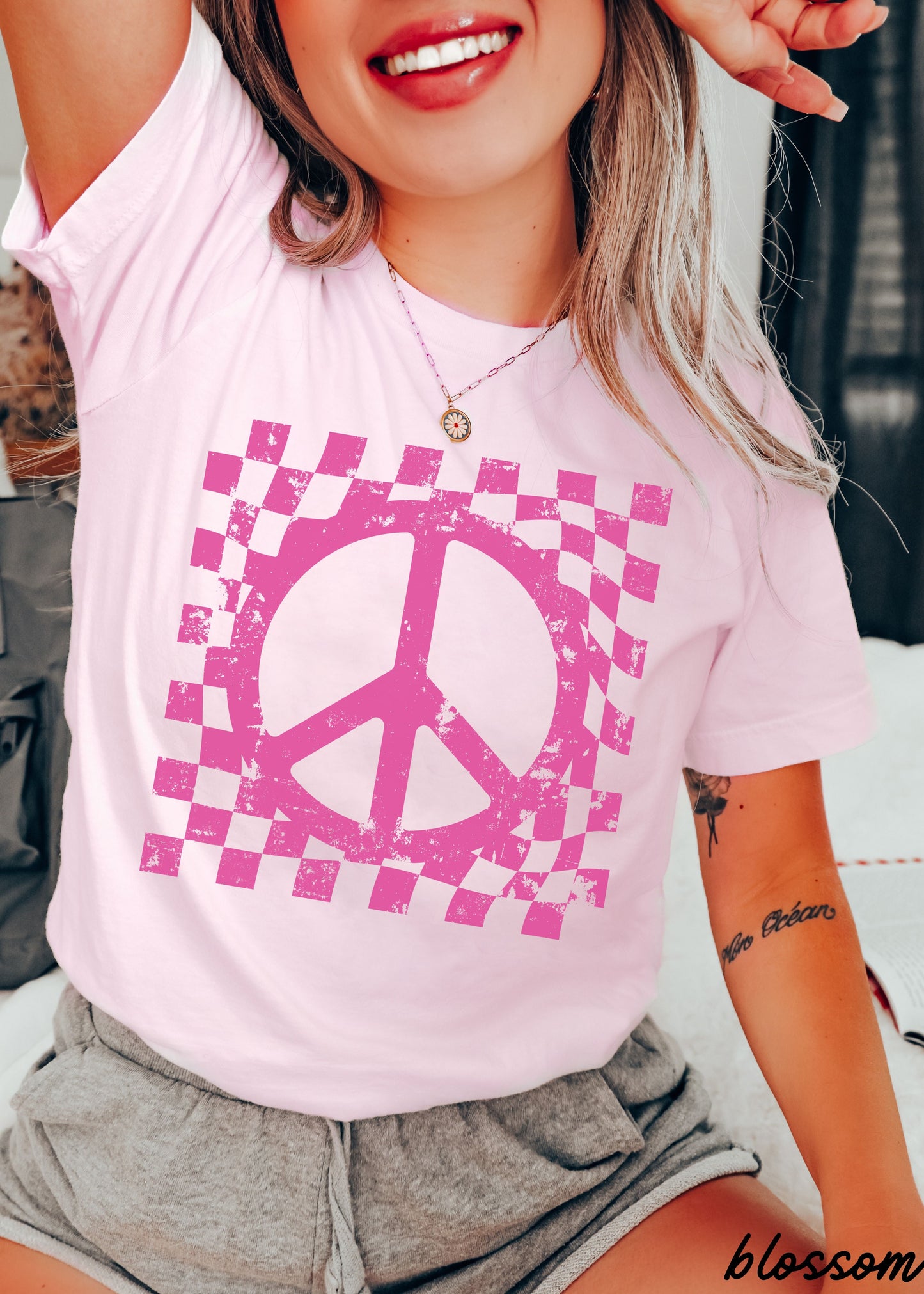Checkered Peace Sign Tee - Blossom - shirt