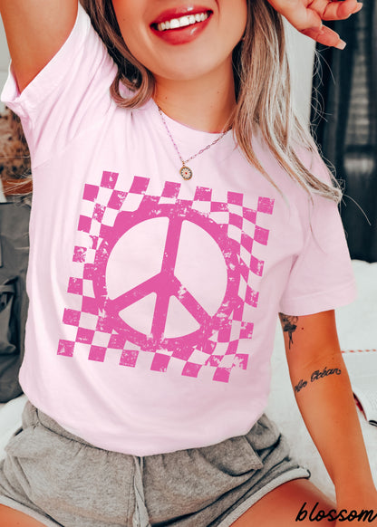 Checkered Peace Sign Tee - Blossom - shirt