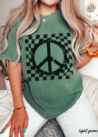 Checkered Peace Sign Tee - Light Green - shirt
