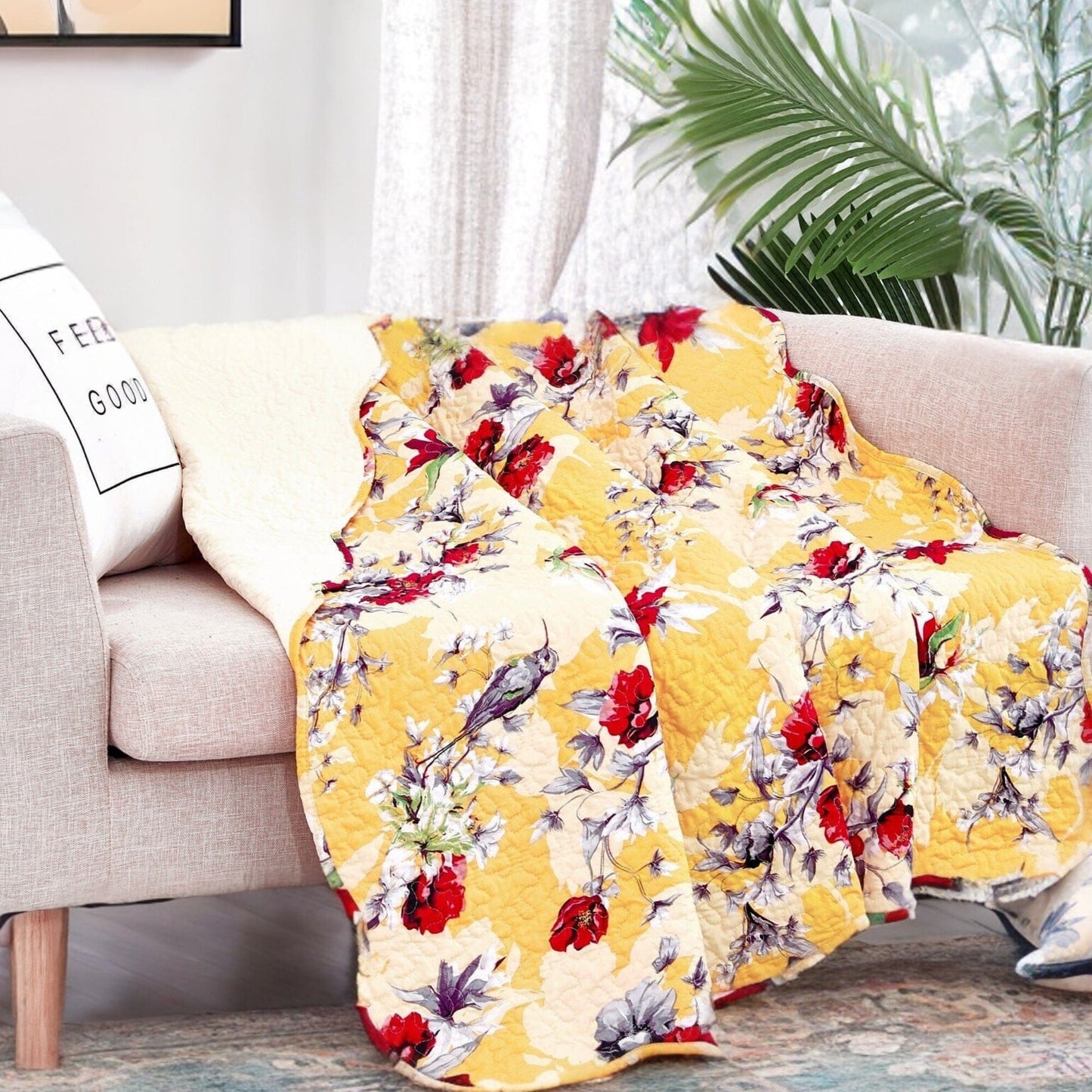 DaDa Bedding Yellow Floral Quilted Throw Blanket - Hummingbirds Farmhouse Red Flowers for Couch, Sofa or Bed- Scalloped Edges - 50 x 60 - - Throw Blankets