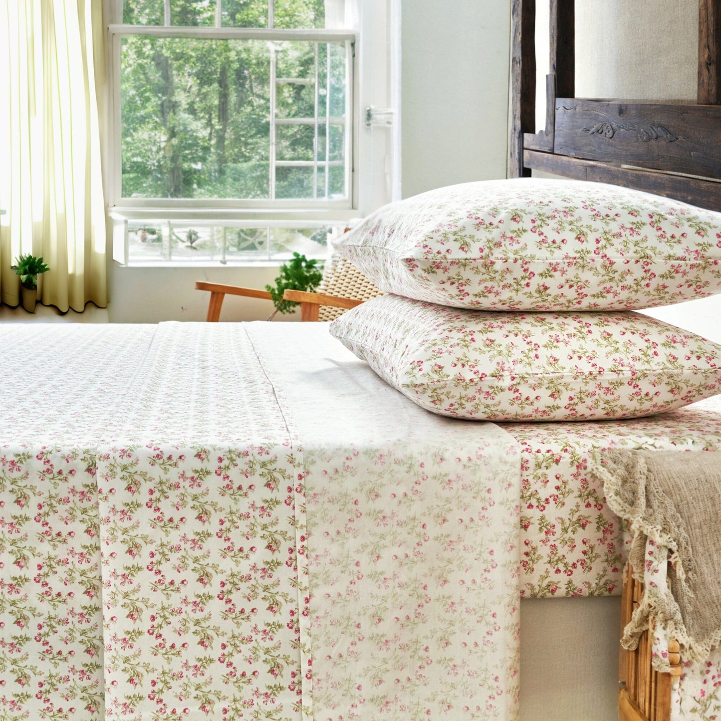 DaDa Bedding Collection Romantic Coquette Sheet Set - 100% Cotton [ Poplin Cotton ] Floral Fitted & Flat Sheets with Pillowcases - Deep Pocket Design - Soft, Breathable, Wrinkle-Resistant- DaDalogy Bedding Collection- {{Product type}}