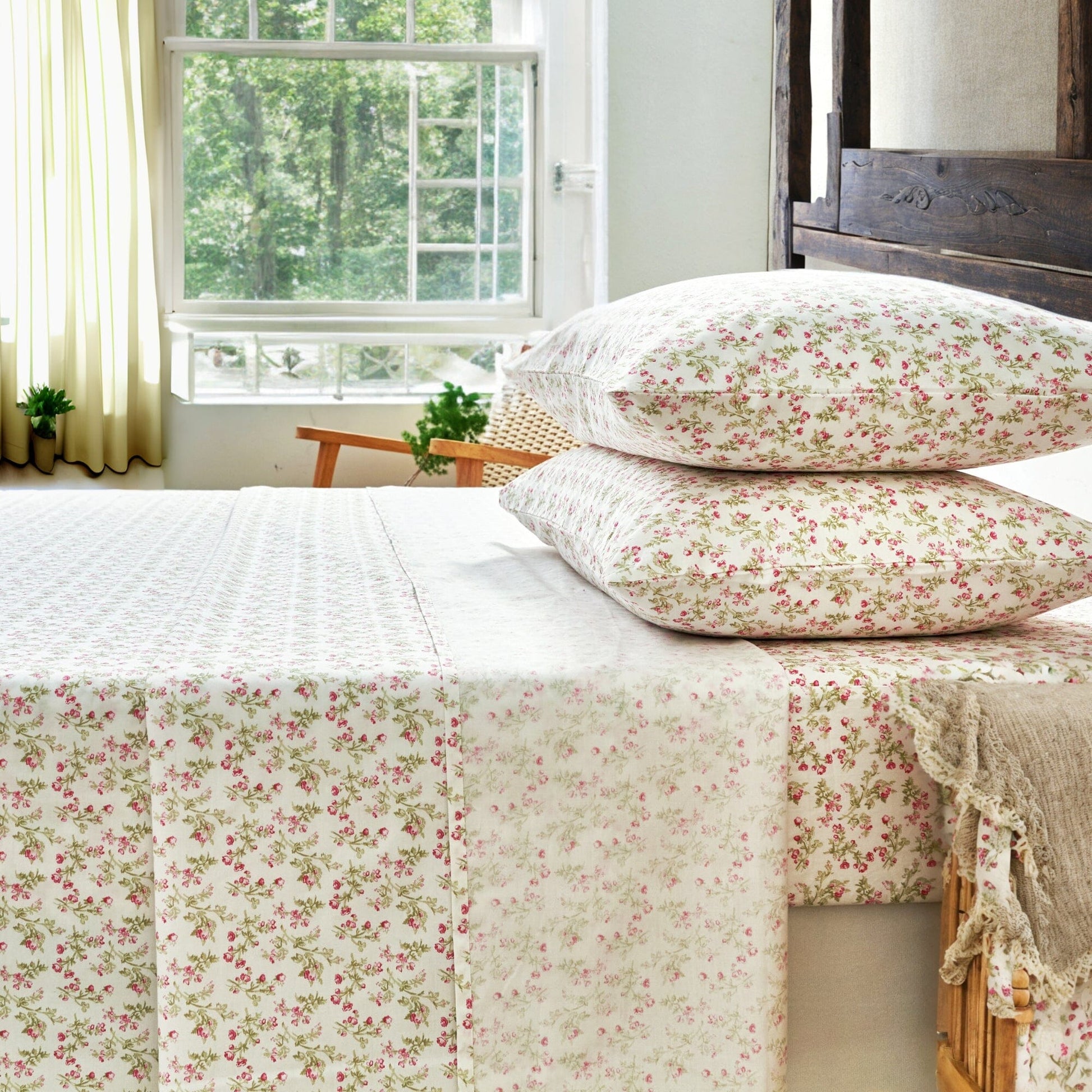 DaDa Bedding Collection Romantic Coquette Sheet Set - 100% Cotton [ Poplin Cotton ] Floral Fitted & Flat Sheets with Pillowcases - Deep Pocket Design - Soft, Breathable, Wrinkle-Resistant- DaDalogy Bedding Collection- {{Product type}}