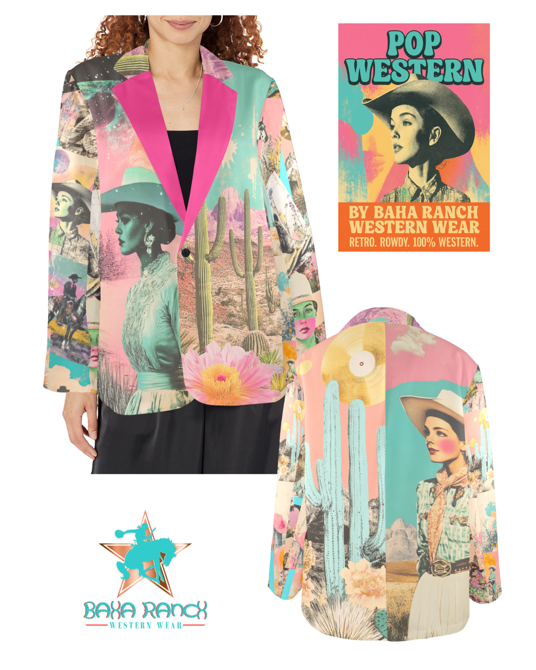 Baha Ranch Retro Pop Western Pop Cowgirl Blazer - - Jackets & Blazers