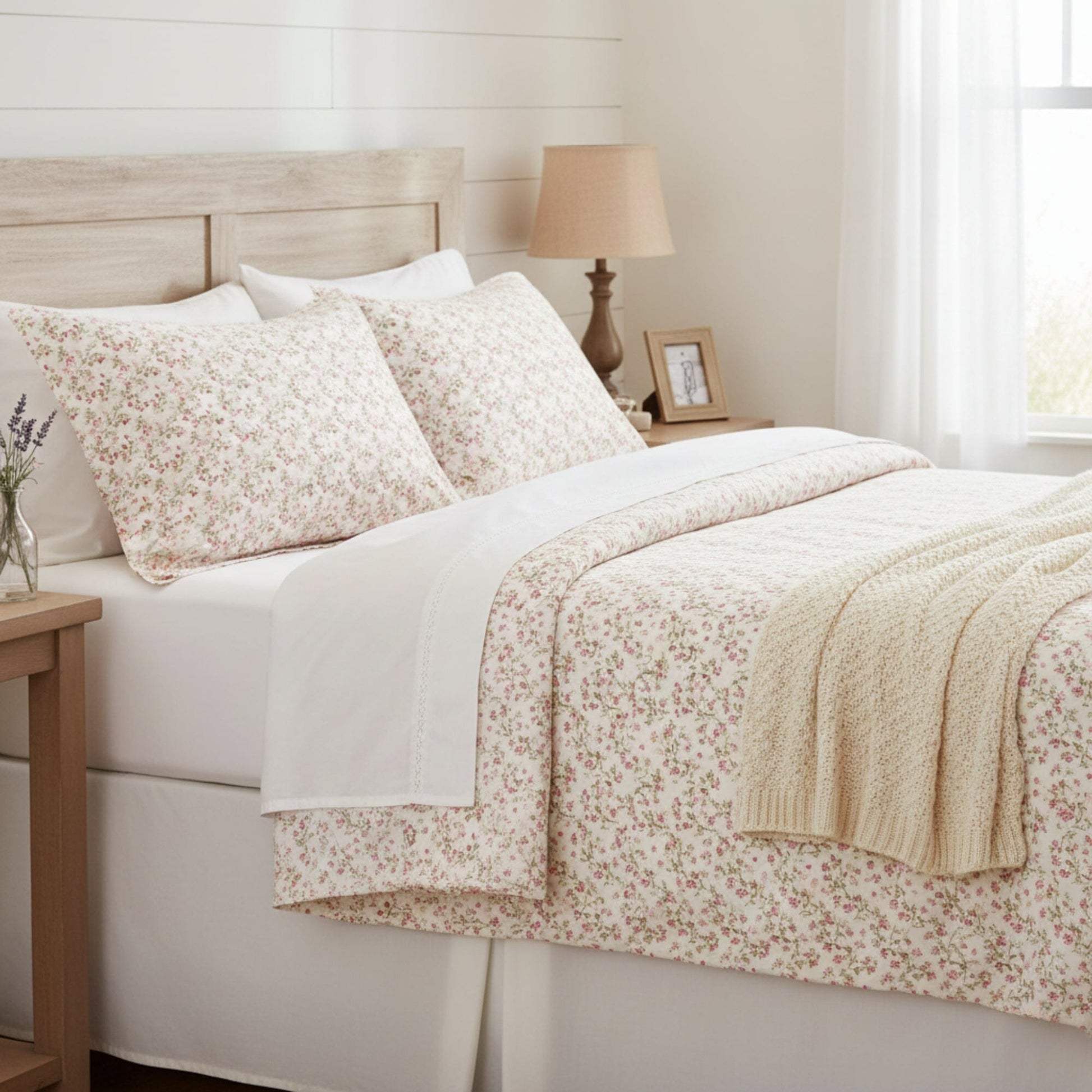 DaDa Bedding Collection Romantic Coquette Sheet Set - 100% Cotton [ Poplin Cotton ] Floral Fitted & Flat Sheets with Pillowcases - Deep Pocket Design - Soft, Breathable, Wrinkle-Resistant- DaDalogy Bedding Collection- {{Product type}}