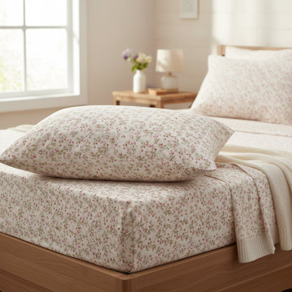 DaDa Bedding Collection Romantic Coquette Sheet Set - 100% Cotton [ Poplin Cotton ] Floral Fitted & Flat Sheets with Pillowcases - Deep Pocket Design - Soft, Breathable, Wrinkle-Resistant- DaDalogy Bedding Collection- {{Product type}}