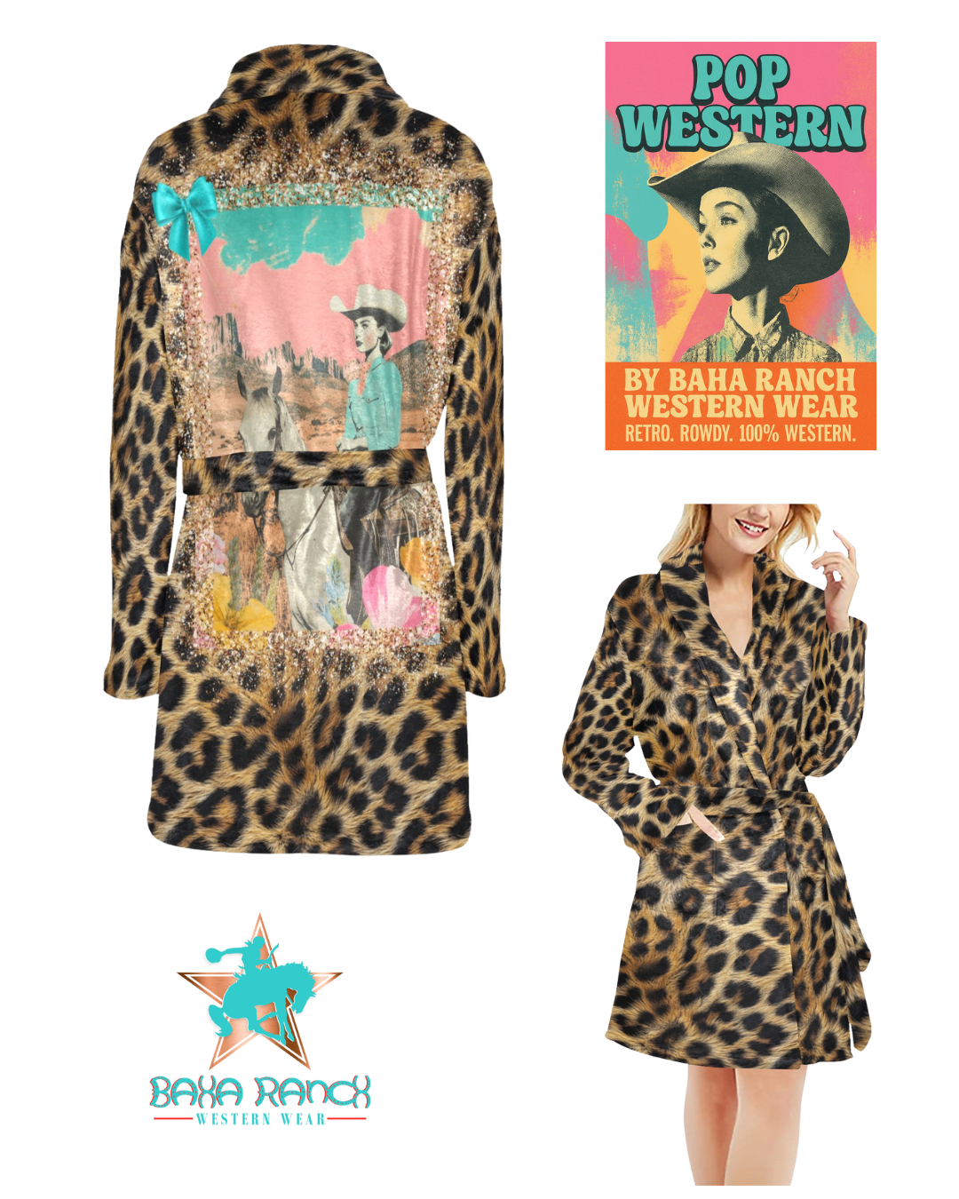 Baha Ranch Retro Pop Western Leopard Cowgirl Robe - - Robes