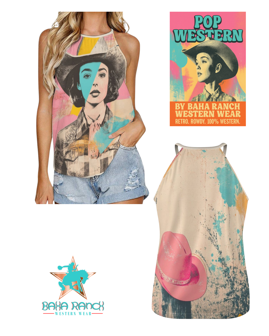 Baha Ranch Turquoise View Retro Pop Western Tank Top - - Tanks & Camis