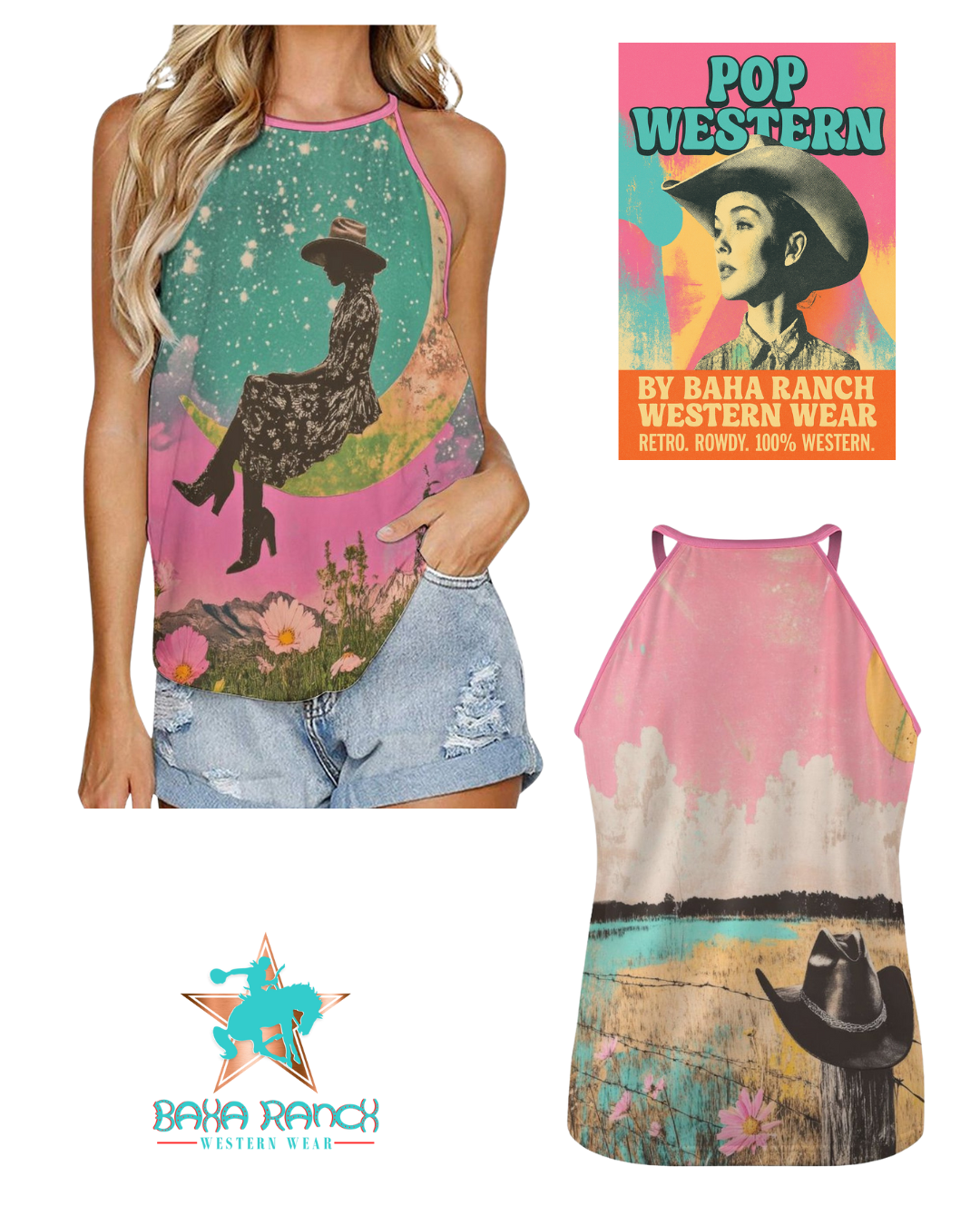 Baha Ranch Cowgirl on the Moon Retro Pop Western Tank Top - - Tanks & Camis