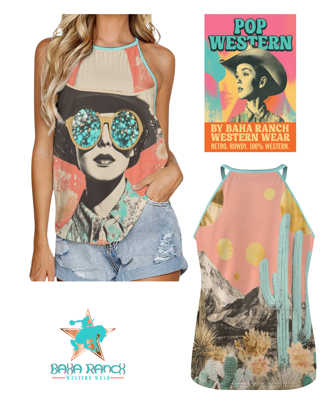 Baha Ranch Turquoise Cowgirl Retro Pop Western Tank Top - - Tanks & Camis