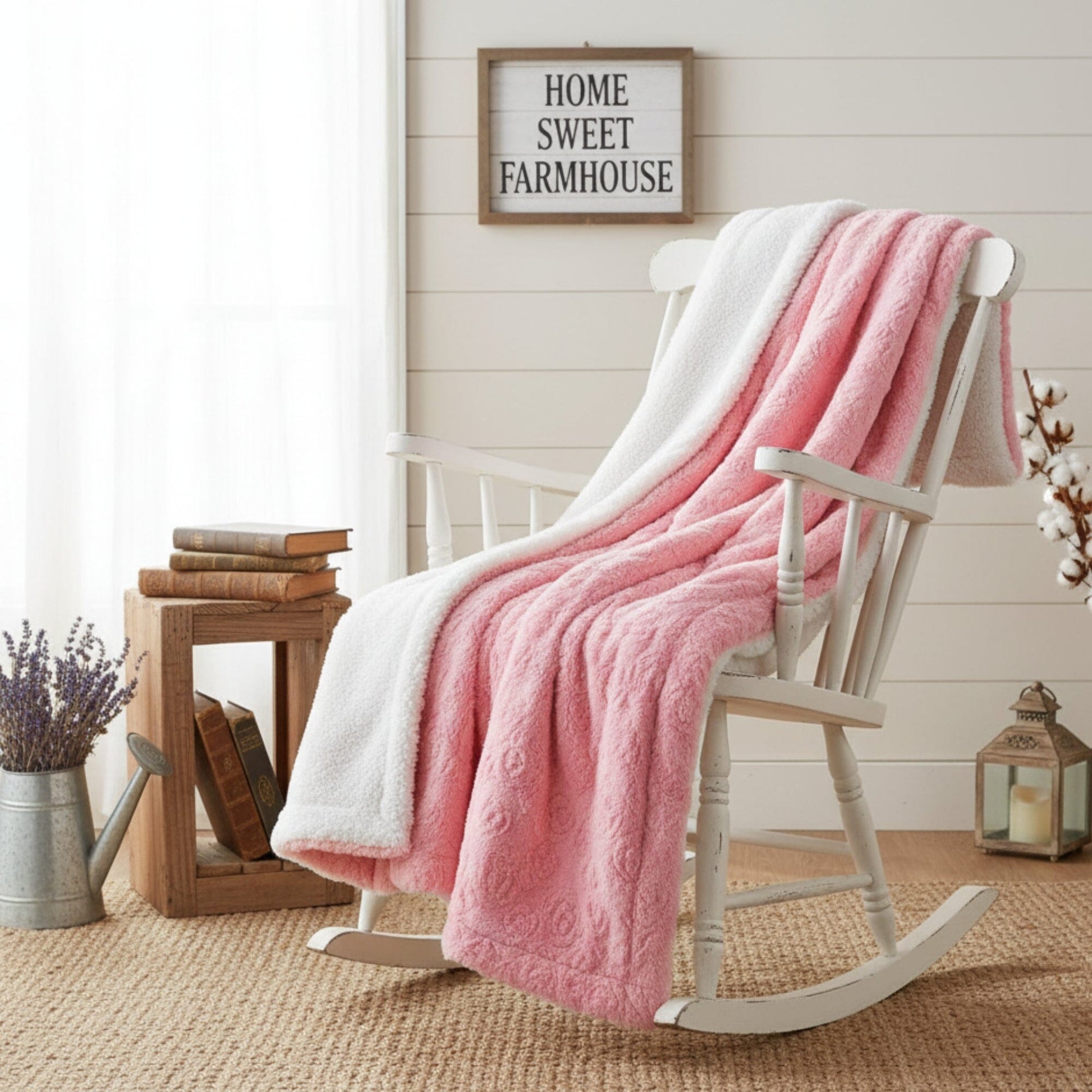 DaDa Bedding Luxury Blossom Pink Rose Buds Pink Sherpa Backside Faux Fur Throw Blanket (BL-171752) - - Throw Blankets