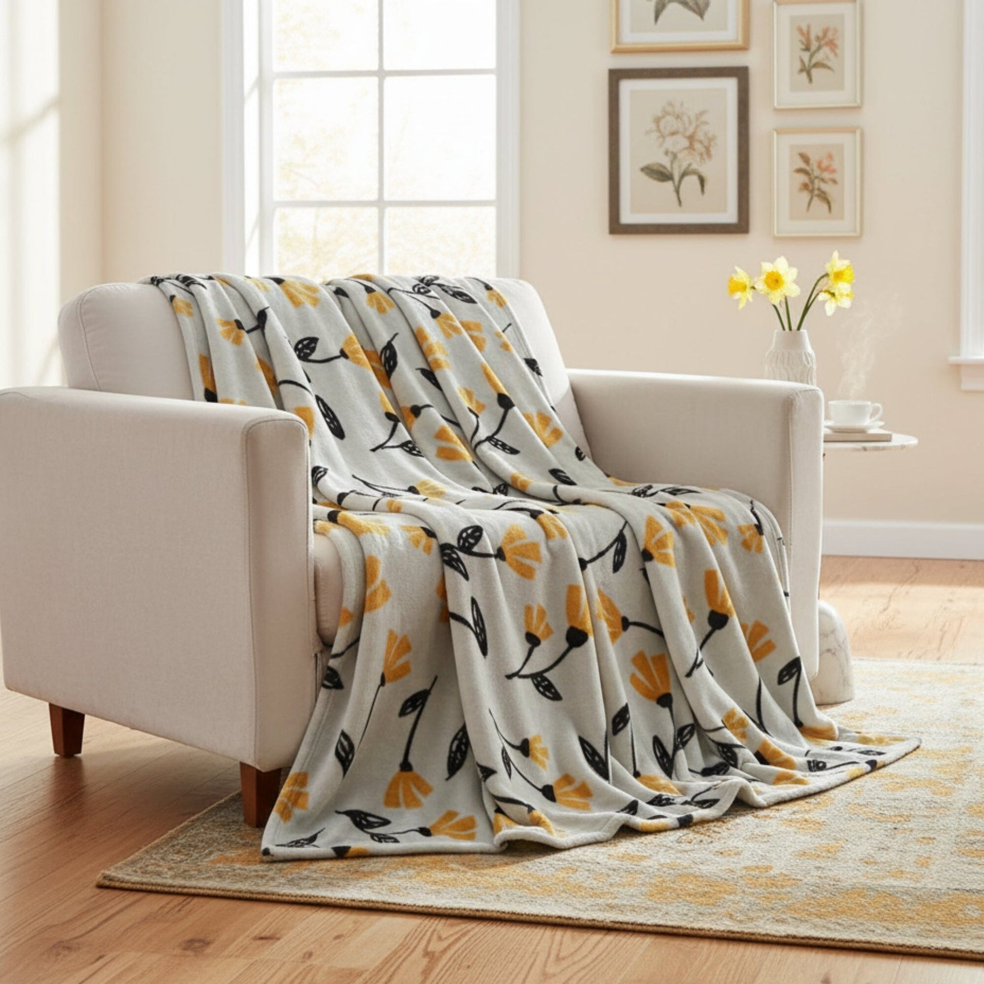 DaDa Bedding Soft Lightweight Fleece Throw Blanket, Yellow Fleur Floral Golden Orange Silver/Grey Background (XY1011) - - Throw Blankets