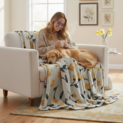 DaDa Bedding Soft Lightweight Fleece Throw Blanket, Yellow Fleur Floral Golden Orange Silver/Grey Background (XY1011) - - Throw Blankets