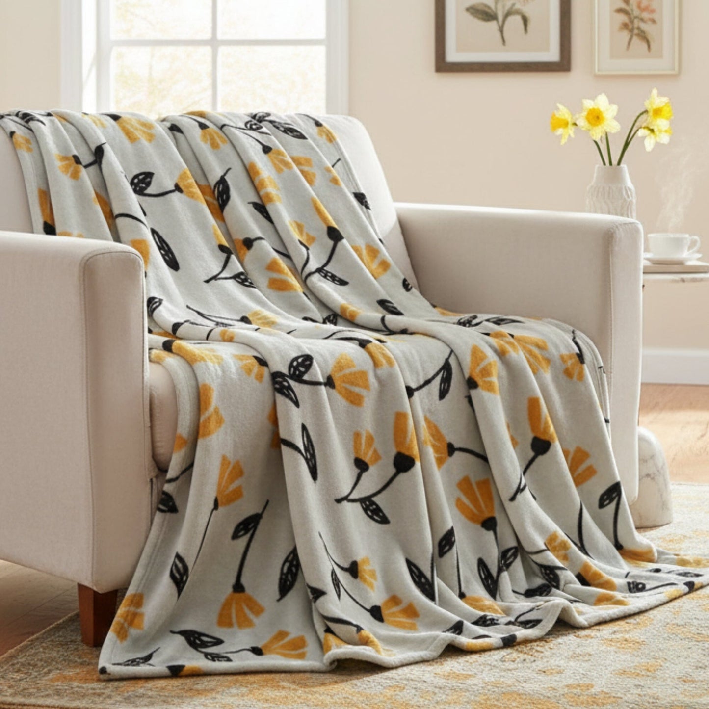 DaDa Bedding Soft Lightweight Fleece Throw Blanket, Yellow Fleur Floral Golden Orange Silver/Grey Background (XY1011) - - Throw Blankets
