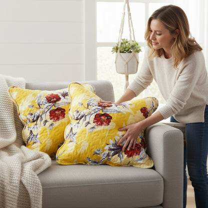 DaDa Bedding Set of 2 Sunshine Yellow Hummingbirds Floral Scalloped Throw Pillow Covers, 18" (JHW925) - - Cushion Cover