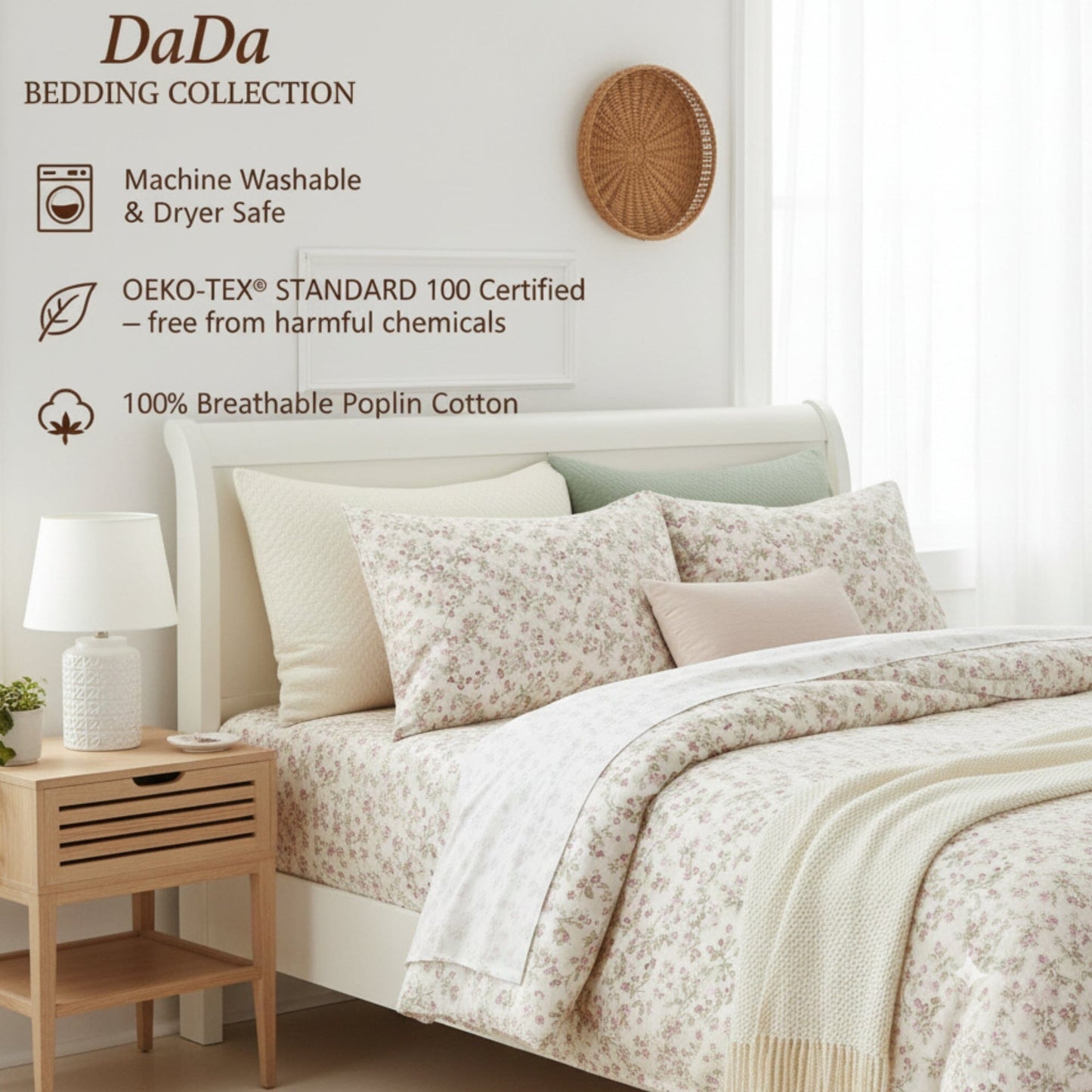 DaDa Bedding Collection Romantic Coquette Sheet Set - 100% Cotton [ Poplin Cotton ] Floral Fitted & Flat Sheets with Pillowcases - Deep Pocket Design - Soft, Breathable, Wrinkle-Resistant- DaDalogy Bedding Collection- {{Product type}}