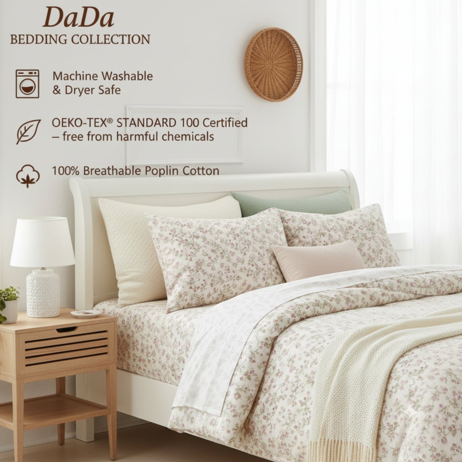 DaDa Bedding Collection Romantic Coquette Sheet Set - 100% Cotton [ Poplin Cotton ] Floral Fitted & Flat Sheets with Pillowcases - Deep Pocket Design - Soft, Breathable, Wrinkle-Resistant- DaDalogy Bedding Collection- {{Product type}}