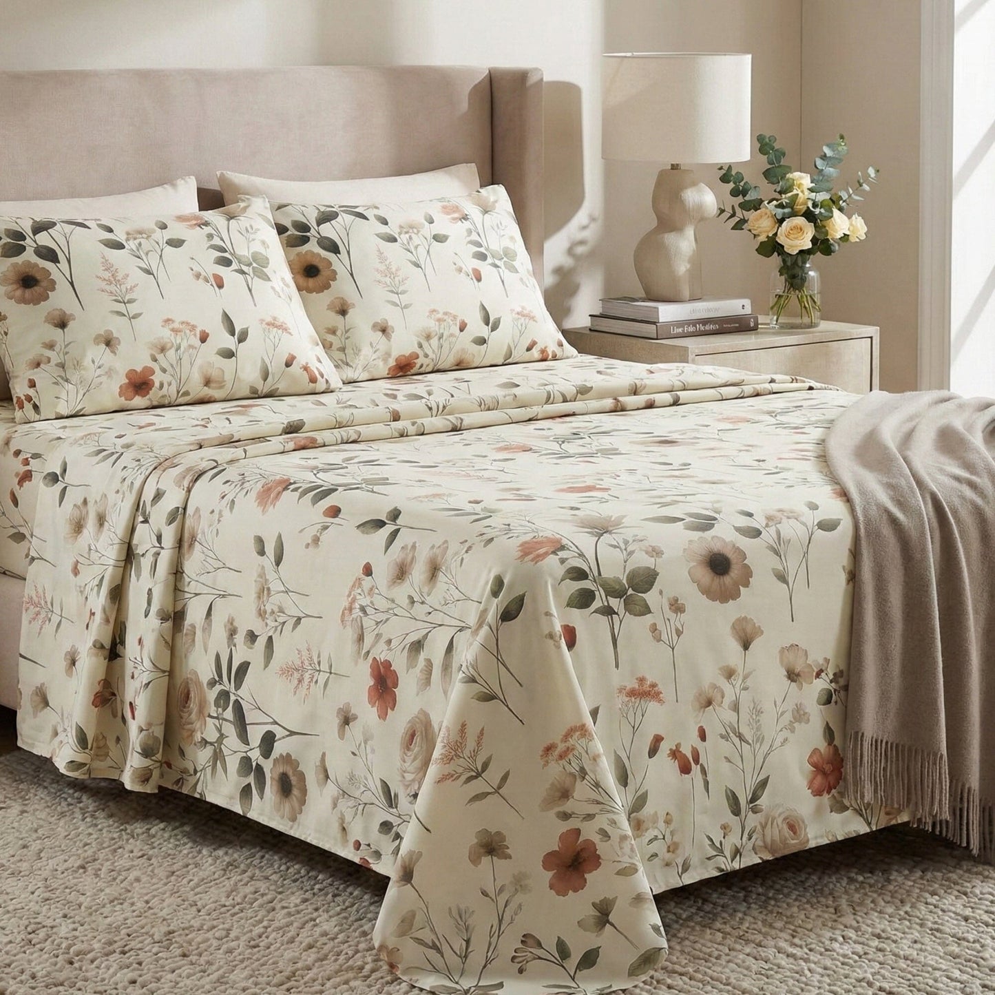 DaDalogy Enchanted Meadow Bed Sheet Set - Floral Harmony in Beige, Rose, and Soft Green, Premium Soft Microfiber, Machine Washable, Deep Pocket 14 - 15 Inches + Flat Sheet- DaDalogy Bedding Collection- {{Product type}}