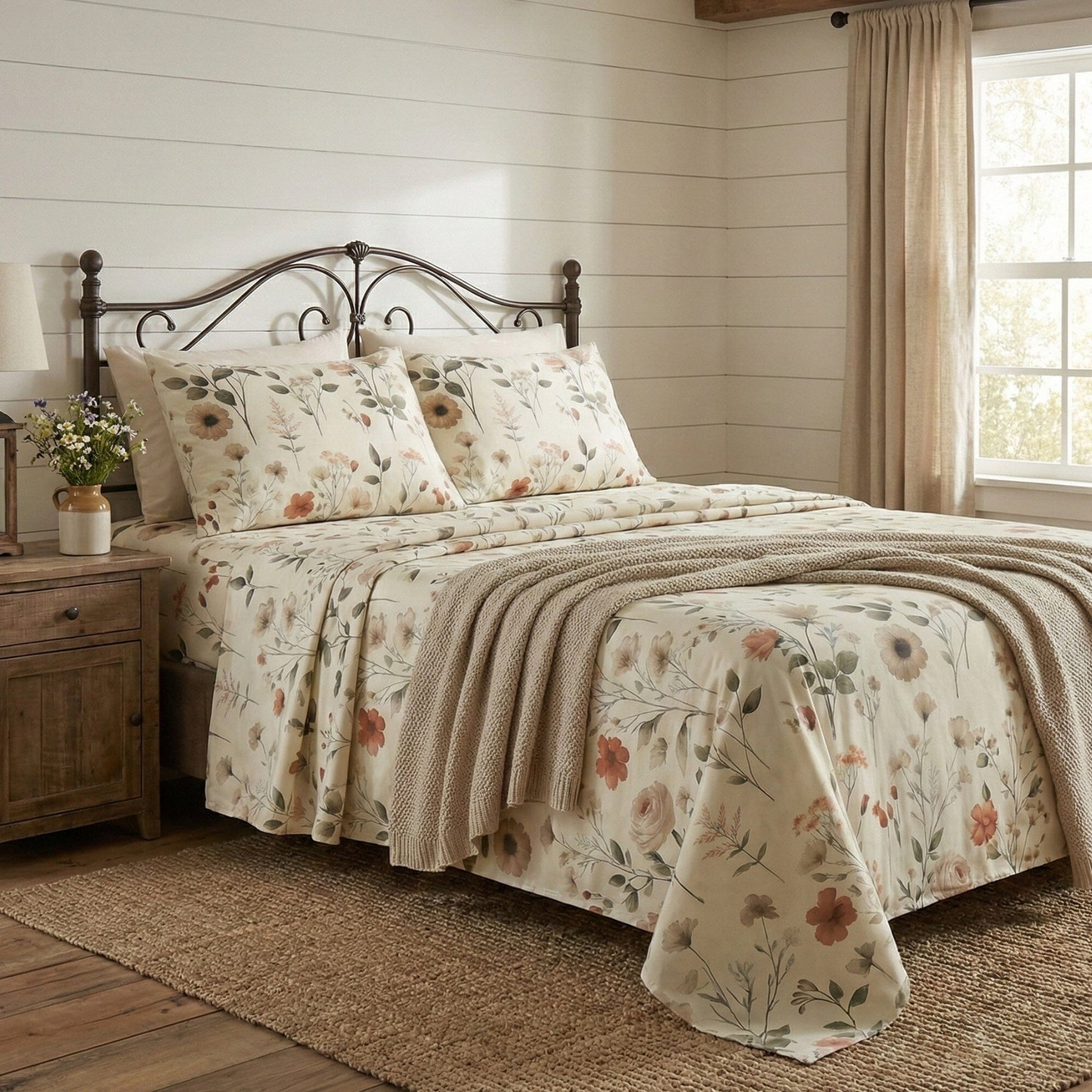 DaDalogy Enchanted Meadow Bed Sheet Set - Floral Harmony in Beige, Rose, and Soft Green, Premium Soft Microfiber, Machine Washable, Deep Pocket 14 - 15 Inches + Flat Sheet- DaDalogy Bedding Collection- {{Product type}}
