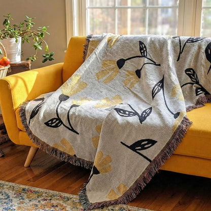 DaDa Bedding Yellow Fleur Botanical Sunshine Golden Floral Woven Tapestry Throw Blanket - 50” x 60” (18112) - - Throw Blankets