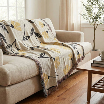 DaDa Bedding Yellow Fleur Botanical Sunshine Golden Floral Woven Tapestry Throw Blanket - 50” x 60” (18112) - - Throw Blankets