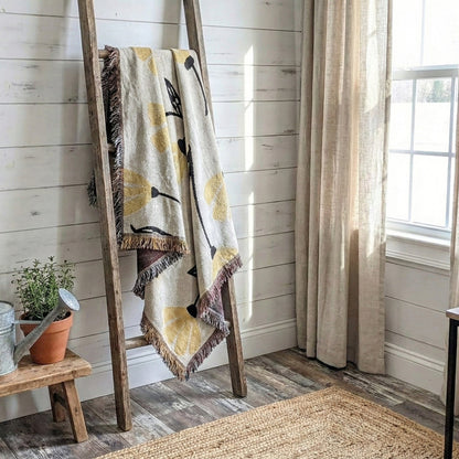 DaDa Bedding Yellow Fleur Botanical Sunshine Golden Floral Woven Tapestry Throw Blanket - 50” x 60” (18112) - - Throw Blankets