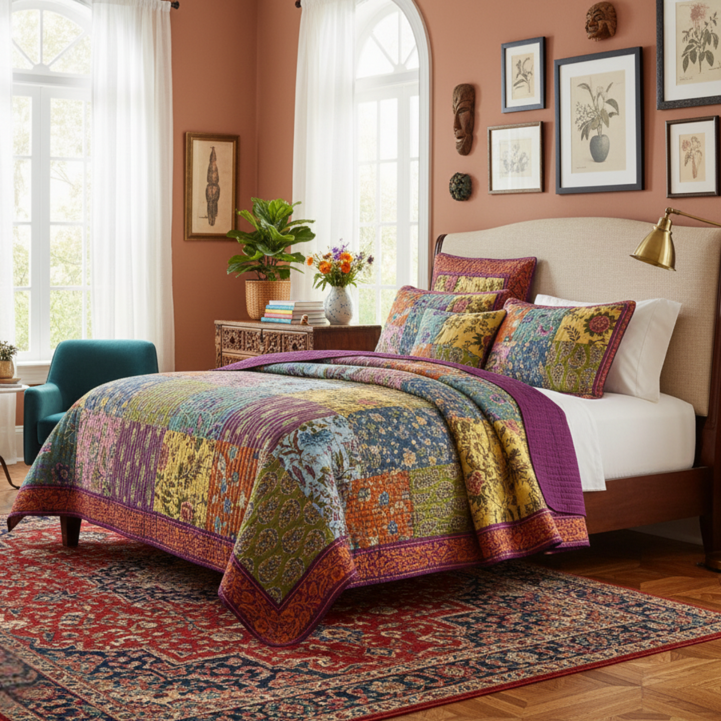 Tache Cotton Bohemian Carnival Garden Quilted Patchwork Bedspread Set (JHW-676) - - Quilt / Bedspread