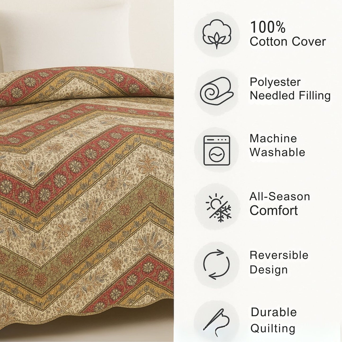 DaDa Bedding Cranberry Sage Floral Chevron Quilt Set - Lightweight Bedspread - - Bedspreads
