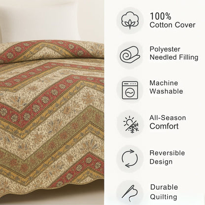 DaDa Bedding Cranberry Sage Floral Chevron Quilt Set - Lightweight Bedspread - - Bedspreads