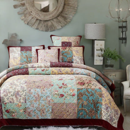DaDa Bedding Bohemian Burgundy Red Velvet Trim Floral Paisley Patchwork Cotton Bedspread Set (JHW-868)- DaDalogy Bedding Collection- {{Product type}}