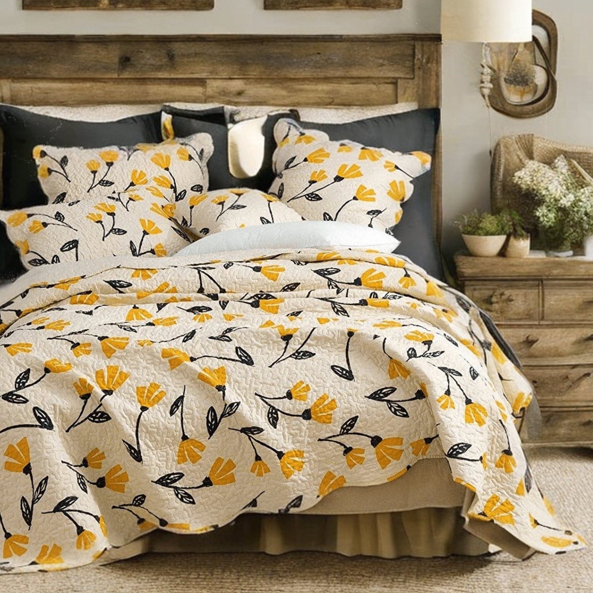 DaDa Bedding Yellow Fleur Floral Golden Orange Ivory Cream Scalloped Bedspread Set (18112)- DaDalogy Bedding Collection- {{Product type}}