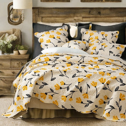 DaDa Bedding Yellow Fleur Floral Golden Orange Ivory Cream Scalloped Bedspread Set - California King - Bedspreads