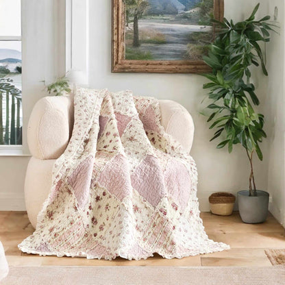 DaDalogy Cotton Patchwork Throw Blanket - Floral Cottage Quilted Reversible Blush Pink & Cream Shabby Chic Botanical Ruffle Design - Vintage Garden Rose Pastel Accents (3031)- 50 x 60- DaDalogy Bedding Collection- {{Product type}}
