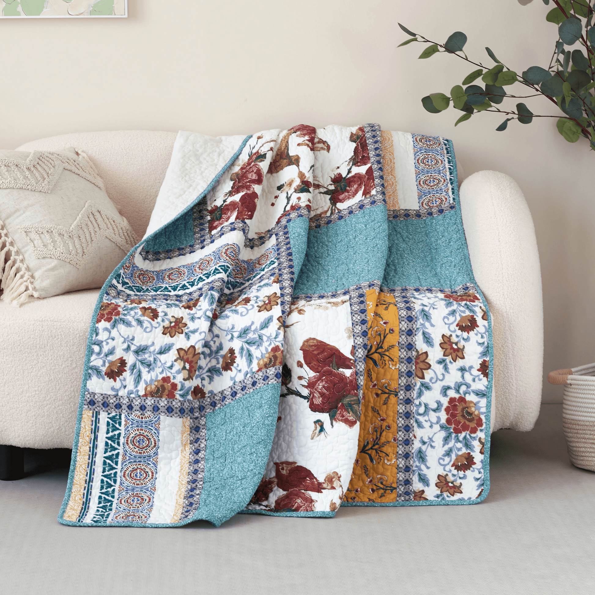 Tache Cotton Patchwork Old World Garden Pastel Blue Yellow Red Hummingbirds Quilted Throw Blanket (JHW-936) - - Blanket