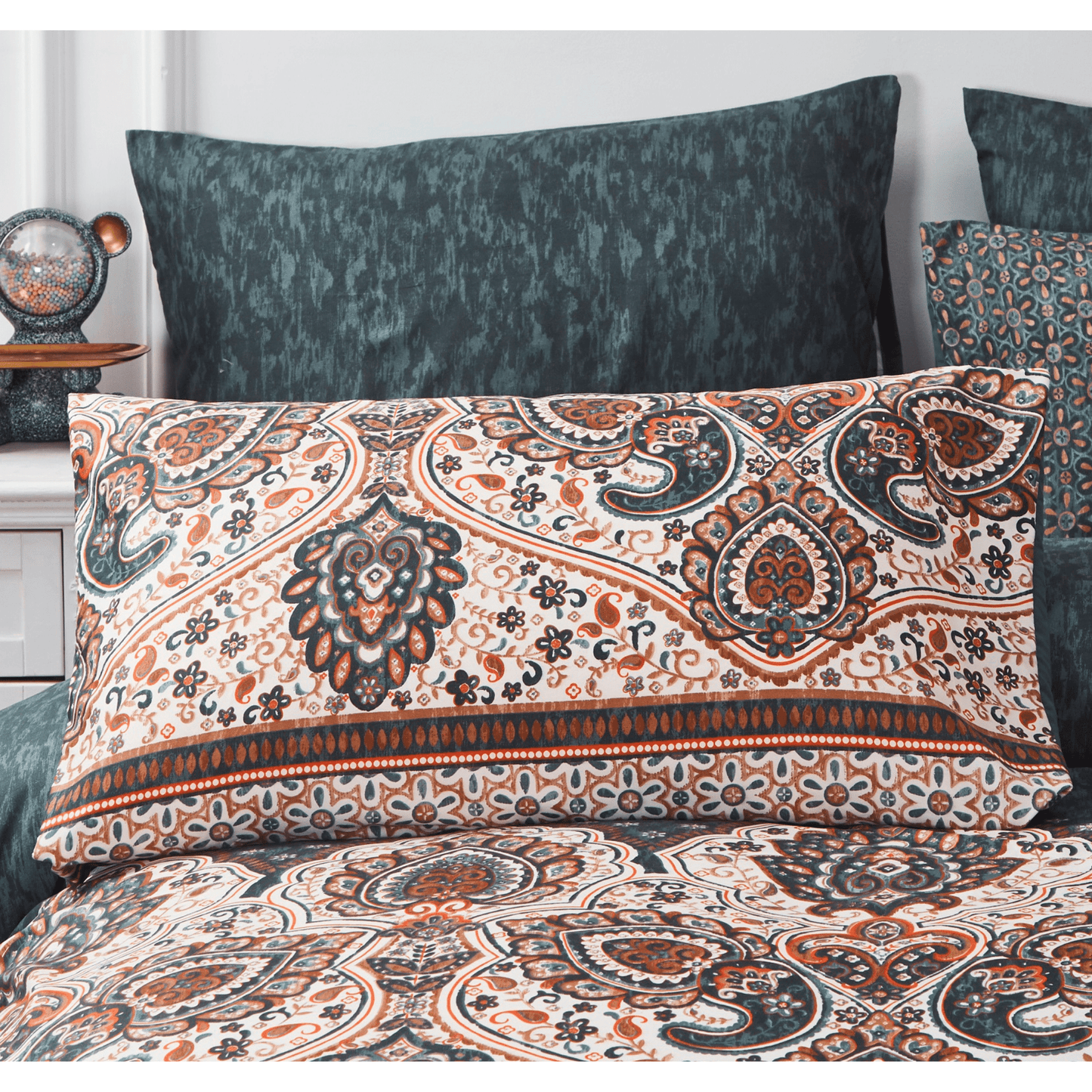 Tache Rustic Paisley Mandala Palace Teal Orange Ivory Pillowcases (KF174) - - Pillowcase