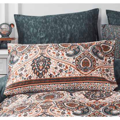 Tache Rustic Paisley Mandala Palace Teal Orange Ivory Pillowcases (KF174) - - Pillowcase