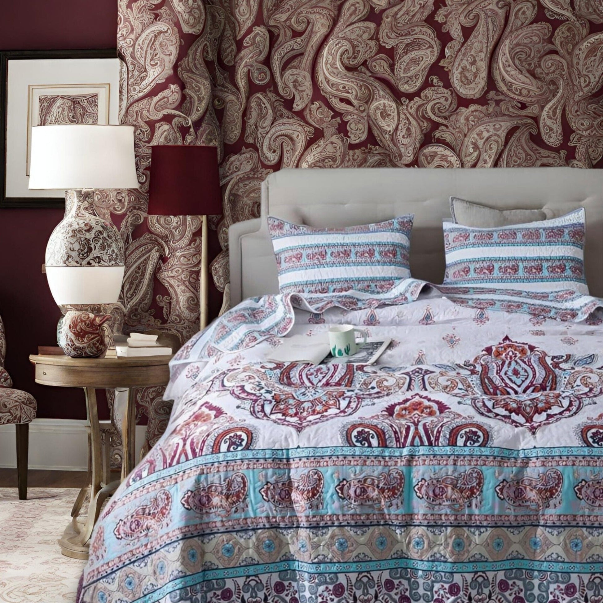 DaDa Bedding Bohemian Summertime White Blue Floral Paisley Bedspread Set (KSX-003)- DaDalogy Bedding Collection- {{Product type}}