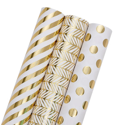YANGTE Christmas Wrapping Paper Rolls - Mini Roll - 17 * 120 inch Per Roll - White and Gold Colour Scheme - Holiday Gift Wrapping Paper Christmas Rolls 3 Rolls Kia Day Design
