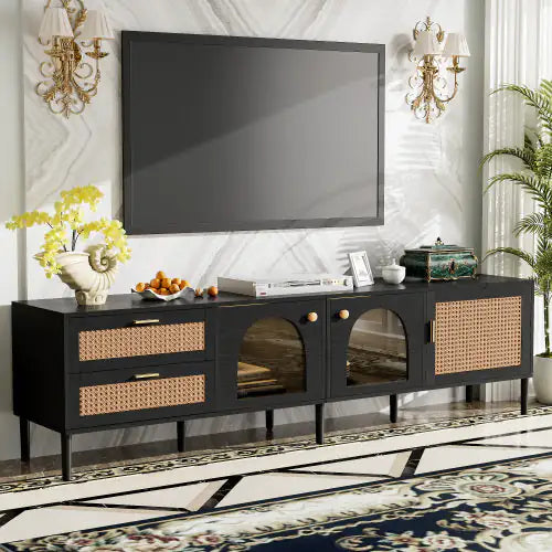 Rattan TV Stand With 3 Cabinets & 2 Drawers, Rattan-inspired Media Console Table For TVs Up To 80'', LED Light Entertainment Center, TV Cabinet For Living Room, Bedroom, Home Theatre - Kia Day Design