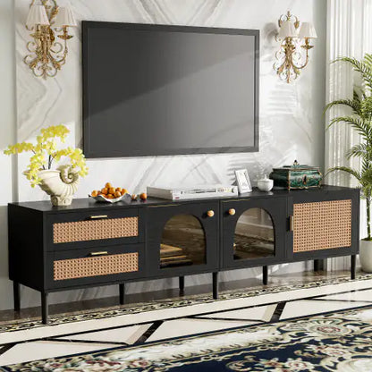 Rattan TV Stand With 3 Cabinets & 2 Drawers, Rattan-inspired Media Console Table For TVs Up To 80'', LED Light Entertainment Center, TV Cabinet For Living Room, Bedroom, Home Theatre - Kia Day Design