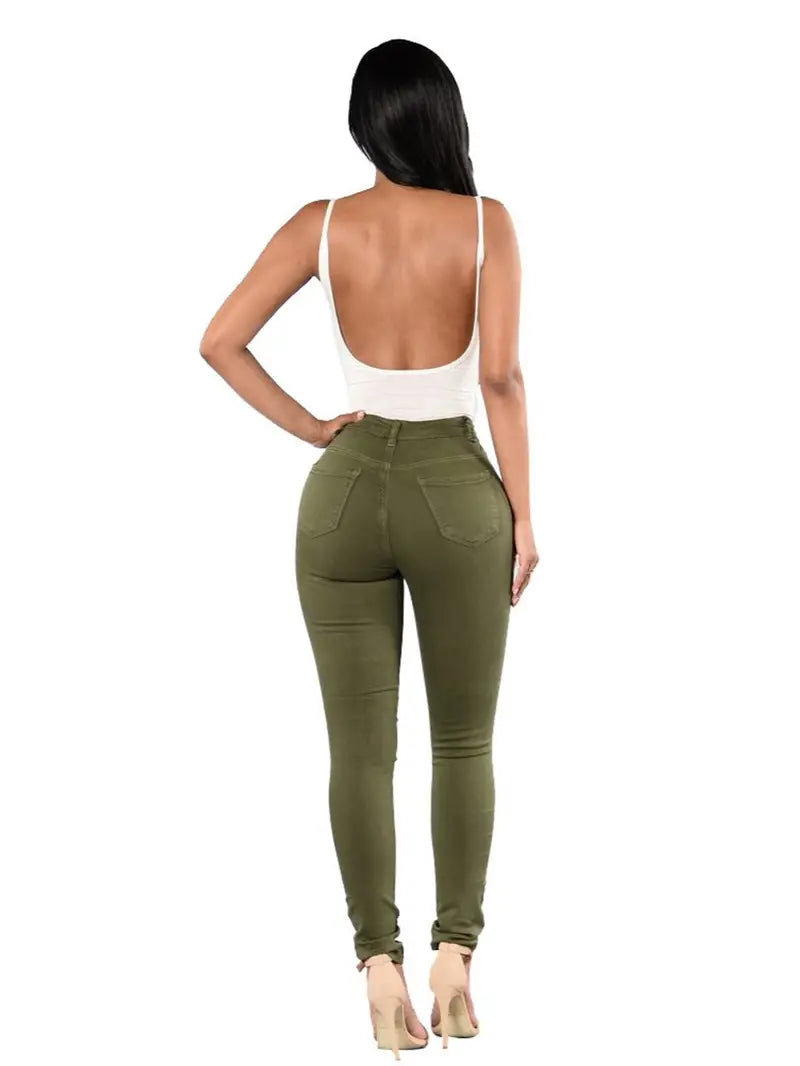 High-Rise Distressed Skinny Jeans in Burgundy & Olive Kia Day Design