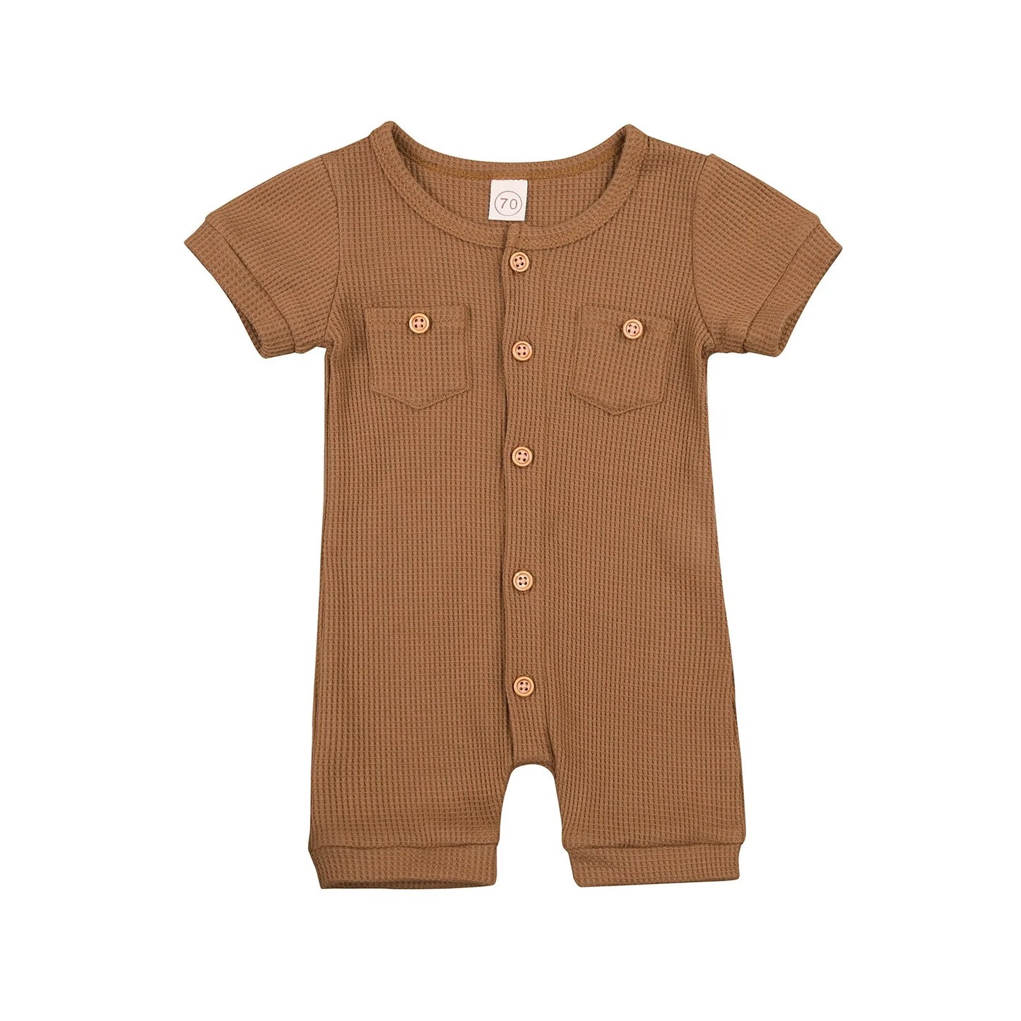 Solid Color Short Sleeve Round Neck Button Baby Playsuit