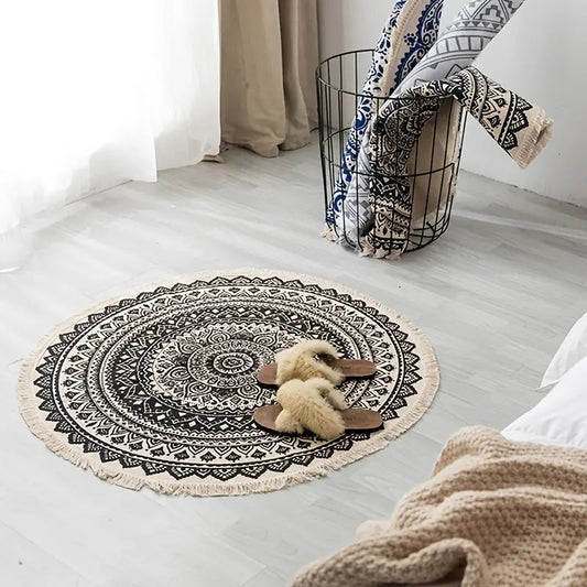 Black and White Mandala Round Cotton Area Rug with Tassels - Tassel Circle 90cm - rugs