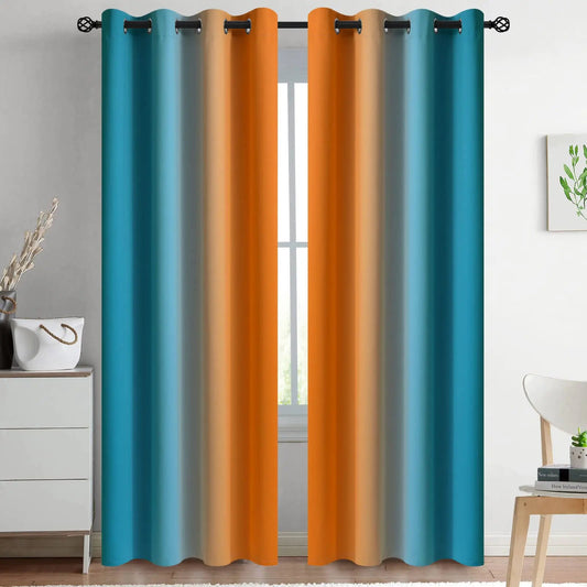 Orange and Blue Ombre Gradient Room Darkening Curtains Grommet 52 x 84 Inch 2 Panels - Kia Day Design