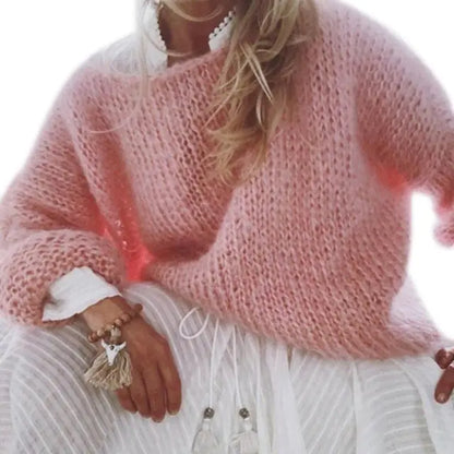 Womens Chunky Knitted Fluffy Pullover Tops Pink Extra Large