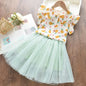 Girls Short Sleeve Polka Dot Skirt Set light green white 4T