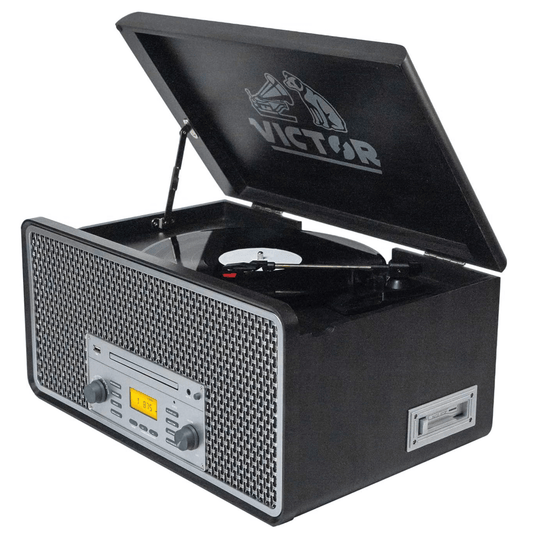 Victor Monument 8-in-1 Wood Music Center with 3-Speed Turntable & Dual Bluetooth - Graphite - Turntables
