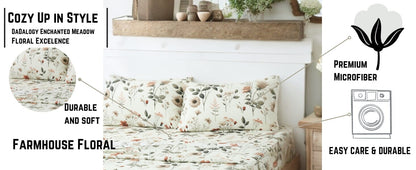 DaDalogy Enchanted Meadow Bed Sheet Set - Floral Harmony in Beige, Rose, and Soft Green, Premium Soft Microfiber, Machine Washable, Deep Pocket 14 - 15 Inches + Flat Sheet- DaDalogy Bedding Collection- {{Product type}}