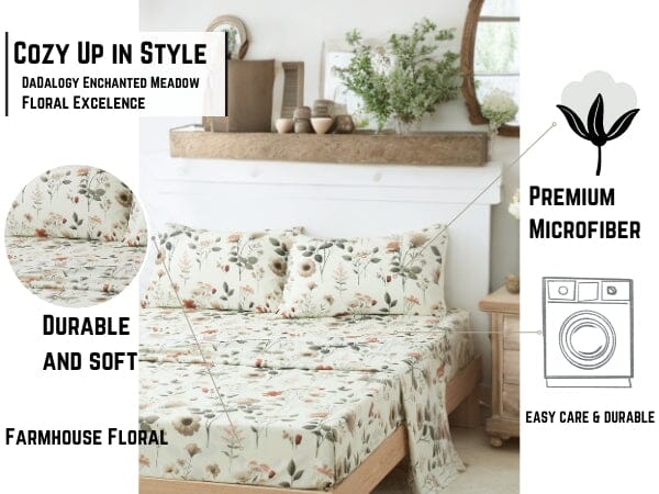 DaDalogy Enchanted Meadow Bed Sheet Set - Floral Harmony in Beige, Rose, and Soft Green, Premium Soft Microfiber, Machine Washable, Deep Pocket 14 - 15 Inches + Flat Sheet- DaDalogy Bedding Collection- {{Product type}}
