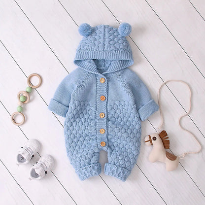 Knit Romper With Hoodie Blue 3-6 months